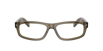 Das Bild zeigt die Prada Brille B02V in Braun transparent von vorne.